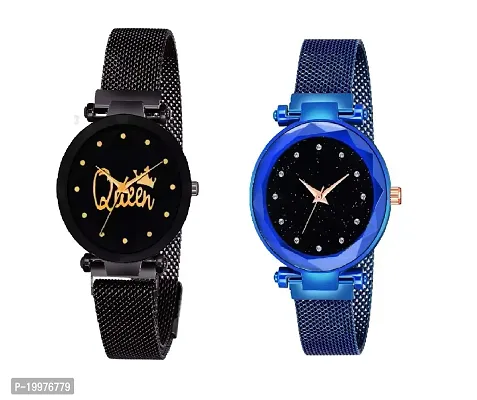 KIARVI GALLERY Black Queen and Blue 12 Diamond Dial with Magnetic Metal Strep Analog Watch for Girls and Women