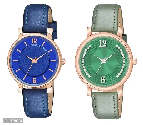 KIROH Analog Round Dial Designer Premium Leather Strap Analog Watch for Girls  Women(GRN-GRN) (Blue-Green)