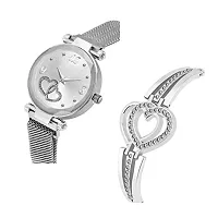 KIARVI GALLERY Heart Dial Magnet Strap Analog Watch and Dual Heart Present Gift Bracelet Combo for Girl's and Women(Combo of 2) (Silver)-thumb1