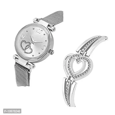 KIARVI GALLERY Heart Dial Magnet Strap Analog Watch and Dual Heart Present Gift Bracelet Combo for Girl's and Women(Combo of 2) (Silver)-thumb2