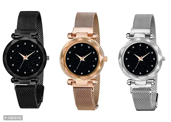 KIARVI GALLERY Analogue Gold Black  Silver Pack of 3 Magnetic Metal Strap Girl's and Women Watch(Black Gold and Silver Pack of 3) (Black Gold and Silver)