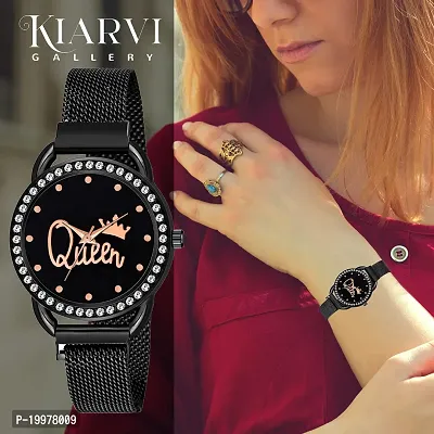 KIARVI GALLERY Black and Silver Queen Dial Full Diamond Designer with Magnetic Metal Strap Analog Watch for Girl's and Women (Pack of 2)-thumb5