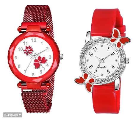 KIARVI GALLERY Analogue Flower Dial Magnetic and White Dial Butterfly Pu Strap Combo Girl's and Women's Watch (Red-Red)