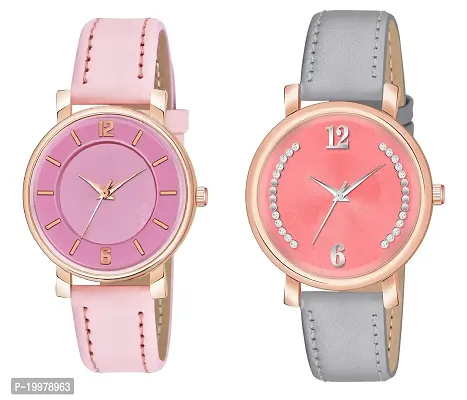 KIROH Analog Round Dial Designer Premium Leather Strap Analog Watch for Girls  Women(GRN-GRN) (Pink-Grey)-thumb0