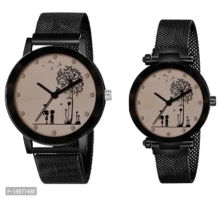 KIROHreg; Lover Tree Couple Watch Off White Dial Prism Cut Glass with Magnetic Metal Strap Analog Watch for Men and Women