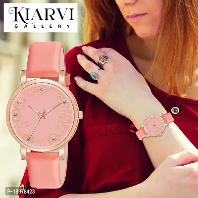 KIARVI GALLERY Analogue Diamond Studded Flower Dial Unique Designer Leather Strap Women's and Girl's Watch (Peach)-thumb5