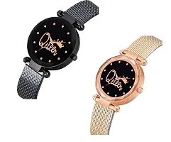 KIARVI GALLERY Clausal Analog Pack of 2 Combo PU Belt Analog Watches for Girls and Women (Pack of 2) (Black-Gold-Queen)-thumb1