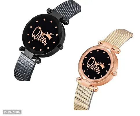 KIARVI GALLERY Clausal Analog Pack of 2 Combo PU Belt Analog Watches for Girls and Women (Pack of 2) (Black-Gold-Queen)-thumb2