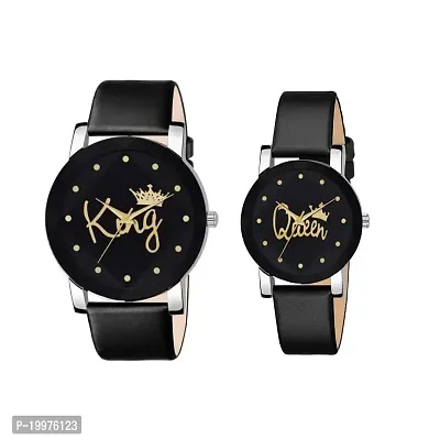KIARVI GALLERY King Queen Analogue Leather Strap Men's  Women's Watch (Black Dial Black Colored Strap)