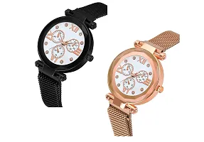 KIARVI GALLERY Black and Gold Designer Magnetic Metal Strap Analog Girl's and Women's Watch (Pack of 2)-thumb1