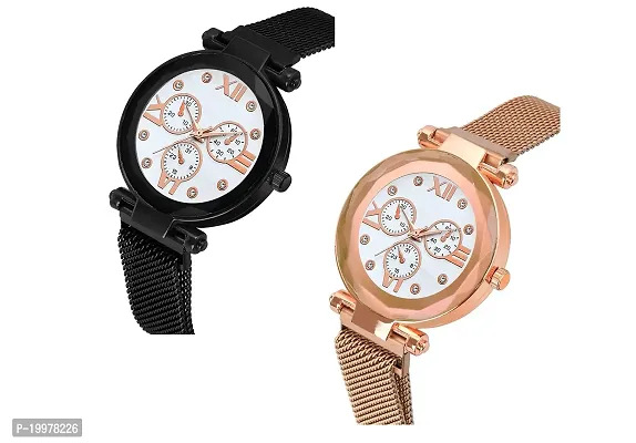 KIARVI GALLERY Black and Gold Designer Magnetic Metal Strap Analog Girl's and Women's Watch (Pack of 2)-thumb2