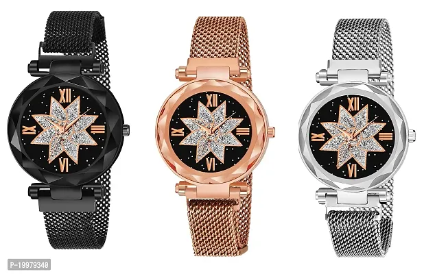 KIARVI GALLERY Analogue Gold Black  Silver Pack of 3 Magnetic Metal Strap Girl's and Women Watch(Black Gold and Silver Pack of 3) (Black-Gold-Silver-S)