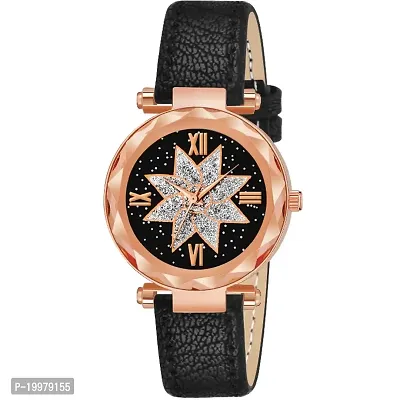 KIARVI GALLERY Analogue Star Flower Designer Dial Leather Strap Watch for Girls and Women(Black) (Black)