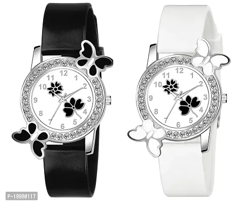 KIARVI GALLERY Analogue Butterfly Flower Design Dial PU Strap Analog Girl's and Women's Watch (Black,White-Pack of 2)