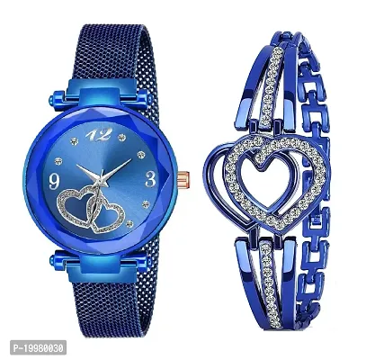 KIARVI GALLERY Heart Dial Magnet Strap Analog Watch and Dual Heart Present Gift Bracelet Combo for Girl's and Women(Combo of 2) (Blue)