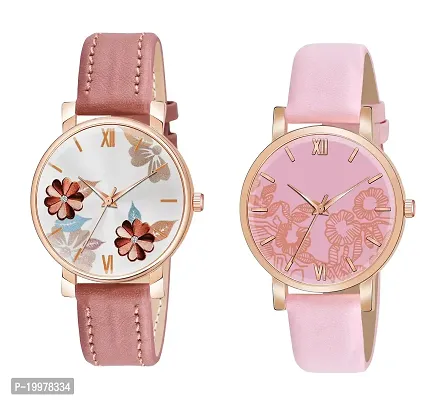 KIARVI GALLERY Analogue Pack of 2 Flower Designer Dial Leather Strap Women's and Girl's Watch (Peach and Pink)