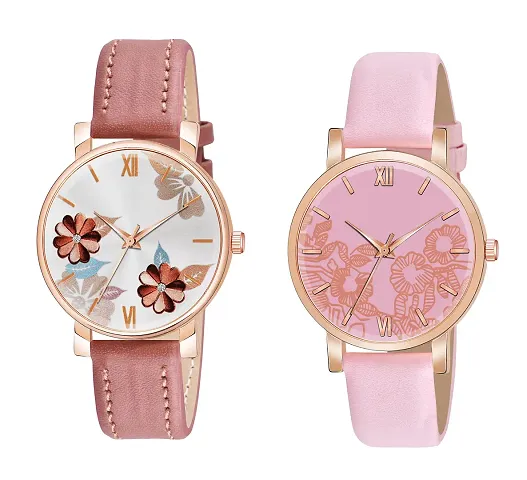 KIARVI GALLERY Analogue Pack of 2 Flower Designer Dial Leather Strap Women's and Girl's Watch (Peach and Pink)