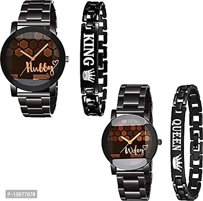 KIARVI GALLERY Hubby and Wifey Printed Couple Metal Strap Analog Watch and King Queen Bracelet for Men and Women(Pack of 4, Black Colored)