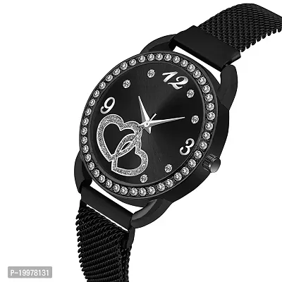 KIARVI GALLERY Casual Analogue Heart Dial Full Diamond Designer Magnetic Metal Strap Analog Girl's and Women's Watch (Black)-thumb2