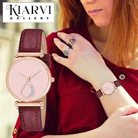 KIARVI GALLERY Clusal Analogue Moon Dial Unique Designer Leather Strap Watch for Girl's and Women's (Maroon)-thumb4