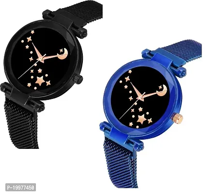 KIARVI GALLERY Black and Blue Moon Star Dial Designer with Magnetic Metal Strap Analog Watch for Girl's and Women (Pack of 2)-thumb2