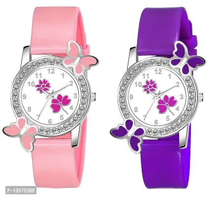 KIARVI GALLERY Analogue Butterfly Flower Design Dial PU Strap Analog Girl's and Women's Watch (Pink,Purple -Pack of 2)