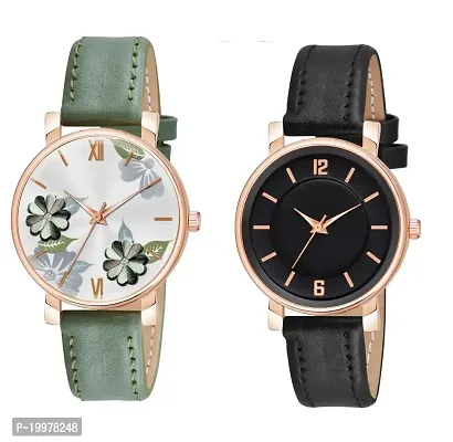KIARVI GALLERY Analogue Pack of 2 Flowered and 6 to 12 Antique Dial Unique Designer Leather Strap Women's and Girl's Watch (Green-Black)-thumb0