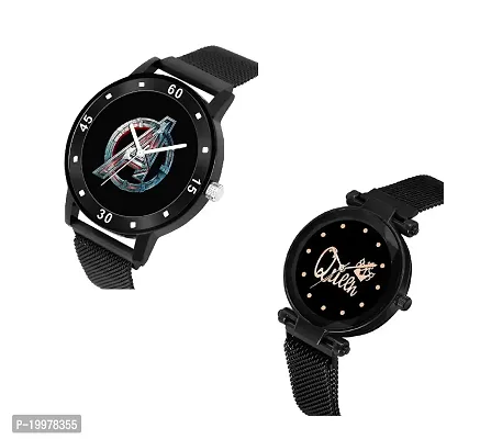 KIARVI GALLERY Analogue Black Avenger Print Dial and Queen Dial Magnetic Strap Men's and Women's Watches (Combo Pack of 2) (Black) (Black)-thumb2