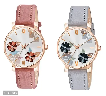 KIARVI GALLERY Analogue Flowered Dial Unique Designer Leather Strap Women's and Girl's Watch (Peach-Grey)