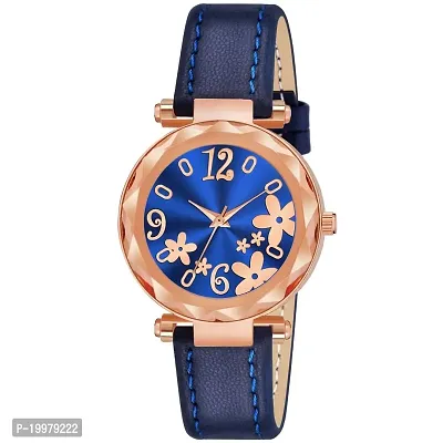 KIARVI GALLERY Analogue Blue Flower Dial Designer Leather Strap Women's and Girl's Watch (Blue)