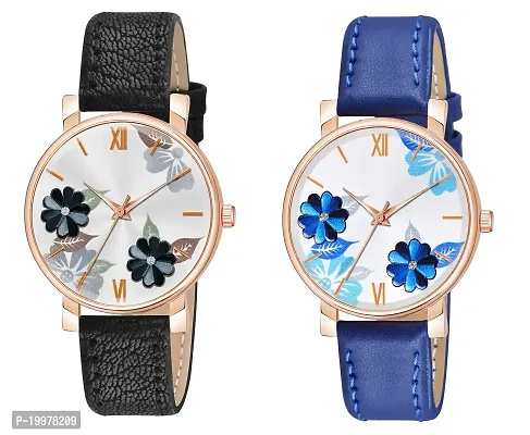 KIARVI GALLERY Analogue Flowered Dial Unique Designer Leather Strap Women's and Girl's Watch (Blue-Black)