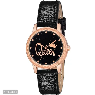 KIARVI GALLERY Clusal Analogue Queen Dial Unique Designer Leather Strap Watch for Girl's and Women's (Black)