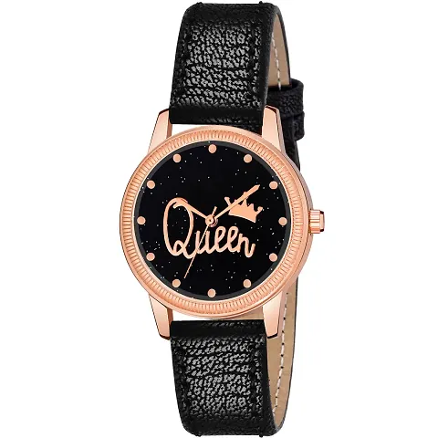 KIARVI GALLERY Clusal Analogue Queen Dial Unique Designer Leather Strap Watch for Girl's and Women's (Black)