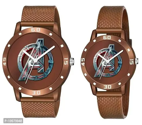 KIARVI GALLERY Analogue Couples Avengers Dial PU Strap Men's and Women's Couple Watch(Combo, Pack of 2) (Black) (Brown)