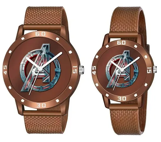 KIARVI GALLERY Analogue Couples Avengers Dial PU Strap Men's and Women's Couple Watch(Combo, Pack of 2) (Black) (Brown)