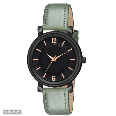 KIARVI GALLERY Analogue Round Dial Stylish Premium Leather Strap Watch for Girls and Women(Black-Green) (Green)