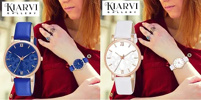 KIARVI GALLERY Analogue Pack of 2 Flower Dial Unique Designer Leather Strap Women's and Girl's Watch (Blue-White)-thumb3