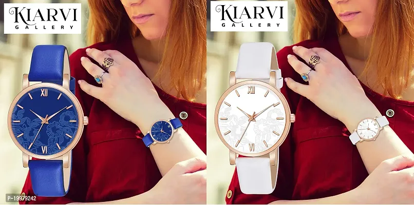 KIARVI GALLERY Analogue Pack of 2 Flower Dial Unique Designer Leather Strap Women's and Girl's Watch (Blue-White)-thumb4