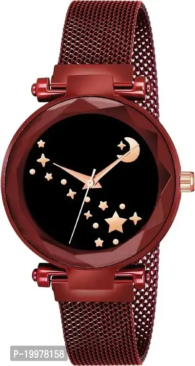 KIARVI GALLERY Red Moon Star Dial Designer with Magnetic Metal Strap Analog Watch for Girl's and Women