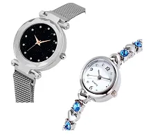 KIARVI GALLERY Silver 12 Diamond Magnet Strap and Blue Diamond Studded Silver Bracelet Combo Analog Watch for Girl's and Women (Pack of 2)-thumb1