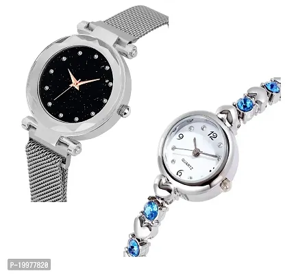 KIARVI GALLERY Silver 12 Diamond Magnet Strap and Blue Diamond Studded Silver Bracelet Combo Analog Watch for Girl's and Women (Pack of 2)-thumb2