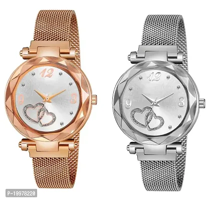 KIARVI GALLERY Rose Gold and Silver Heart Dial Designer with Magnetic Metal Strap Analog Watch for Girl's and Women (Pack of 2) (Rose Gold and Silver)-thumb0