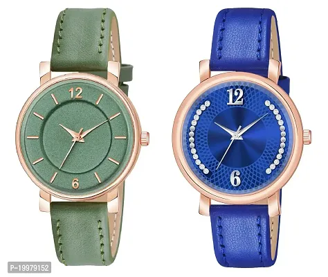 KIROH Analog Round Dial Designer Premium Leather Strap Analog Watch for Girls  Women(GRN-GRN) (Green-Blue)