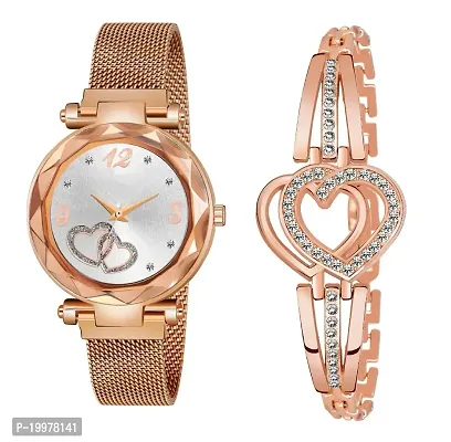 KIARVI GALLERY Rose Gold Heart Dial Magnet Strap Analog Watch and Diamond Studded Rose Gold Bracelet Combo for Girl's and Women-thumb0