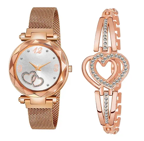 New Fashion Dual Heart Dial With Heart Bracelet combo For GirlWomen Designer Fashion Wrist Analog Watch - For Girls