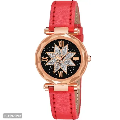 KIARVI GALLERY Analogue Star Flower Designer Dial Leather Strap Watch for Girls and Women(Black) (Red)