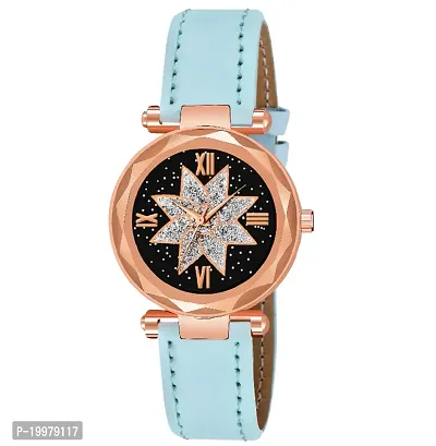 KIARVI GALLERY Analogue Star Flower Designer Dial Leather Strap Watch for Girls and Women(Black) (Sky-Blue)