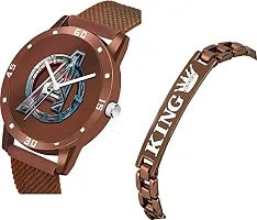 Kiarvi Gallery Analogue Avenger Print Dial PU Strap and King Bracelet Combo for Boys and Men's Watches(Combo of 2) (Brown)-thumb1