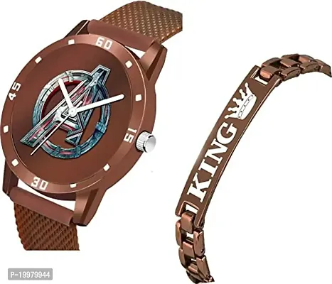 Kiarvi Gallery Analogue Avenger Print Dial PU Strap and King Bracelet Combo for Boys and Men's Watches(Combo of 2) (Brown)-thumb2