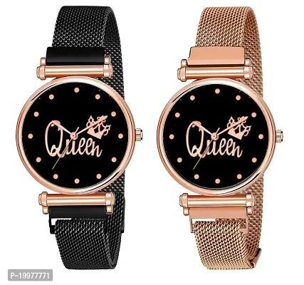 KIARVI GALLERY Clausal Black and Gold Queen Dial with Magnetic Metal Strap Analog Watch for Girl's and Women (Pack of 2)